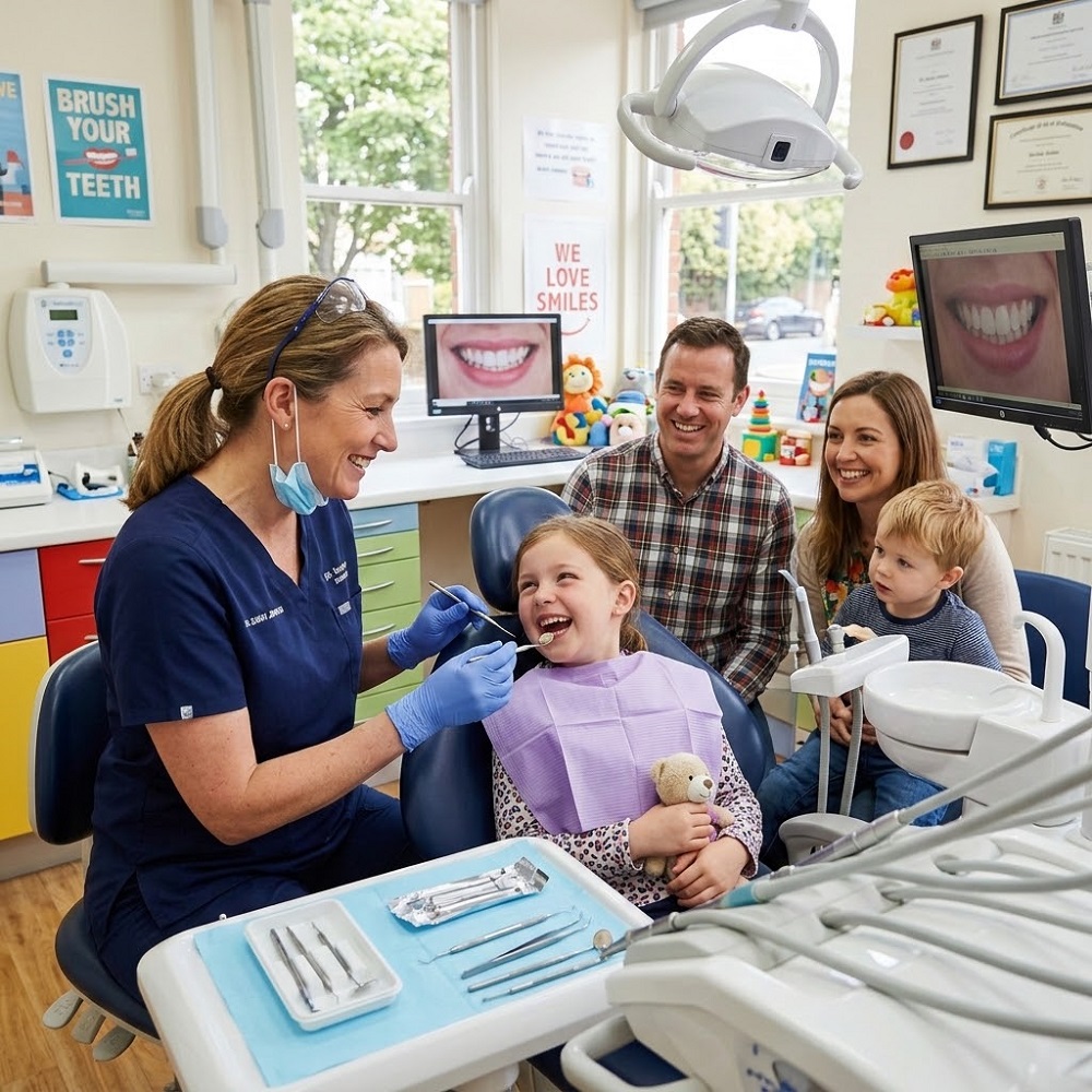 A family of four (parents and two children) smiling together at a dental office